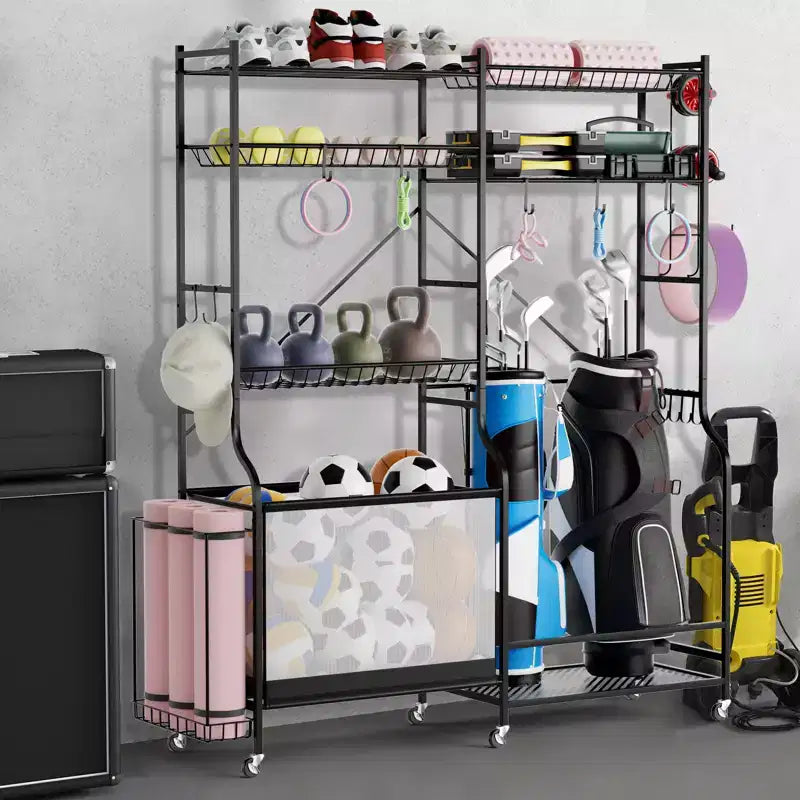 Organisateur d'équipement de sport avec porte-tapis de yoga, panier à ballons et étagères réglables pour garage, salle de sport à domicile et sous-sol