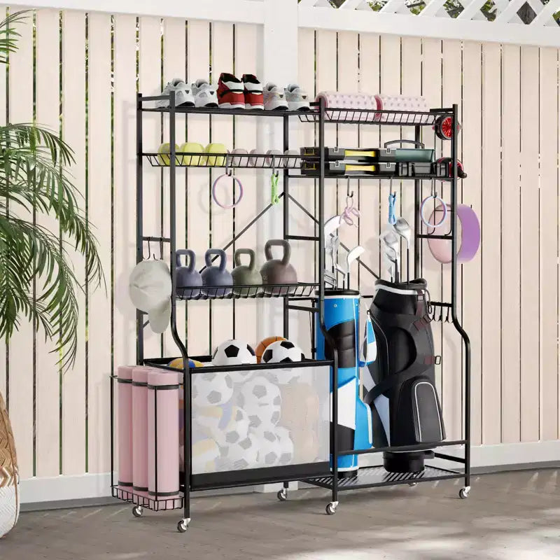 Organisateur d'équipement de sport avec porte-tapis de yoga, panier à ballons et étagères réglables pour garage, salle de sport à domicile et sous-sol