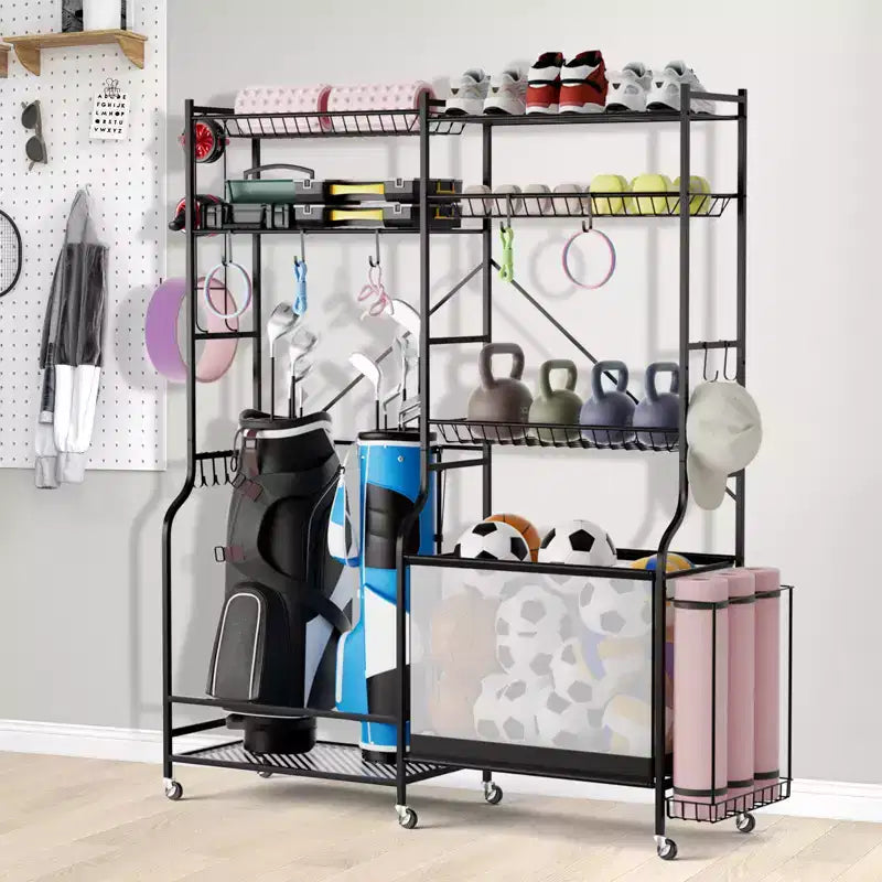 Organisateur d'équipement de sport avec porte-tapis de yoga, panier à ballons et étagères réglables pour garage, salle de sport à domicile et sous-sol