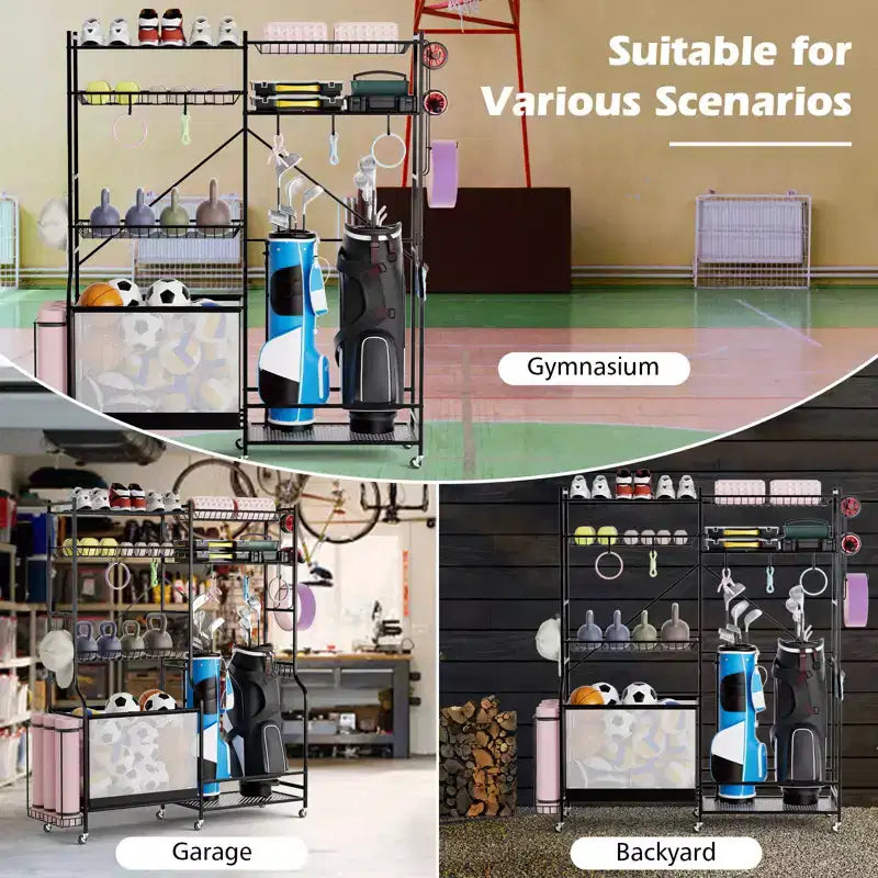 Organisateur d'équipement de sport avec porte-tapis de yoga, panier à ballons et étagères réglables pour garage, salle de sport à domicile et sous-sol