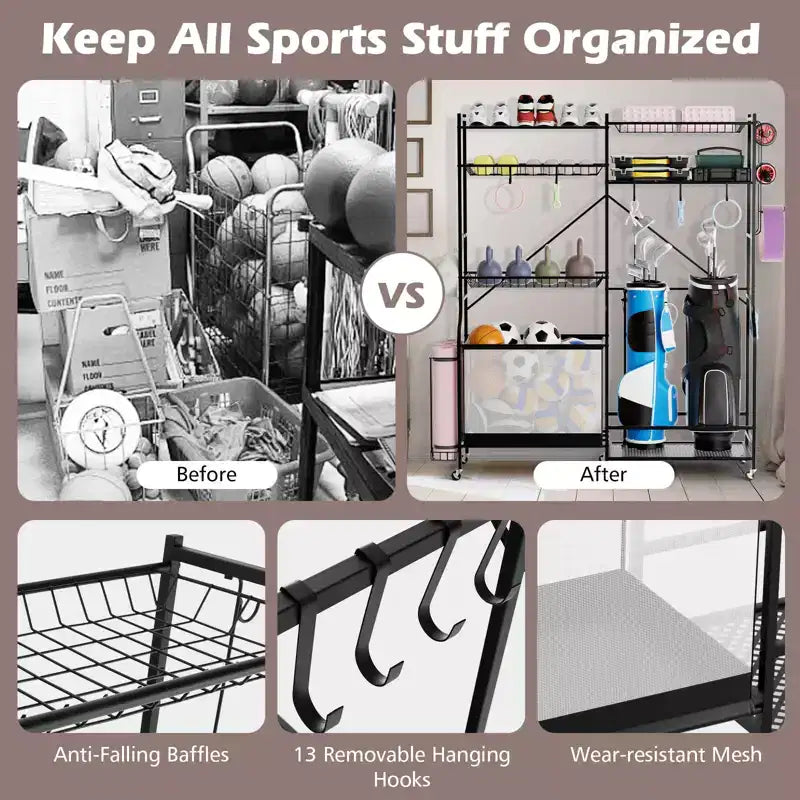 Organisateur d'équipement de sport avec porte-tapis de yoga, panier à ballons et étagères réglables pour garage, salle de sport à domicile et sous-sol