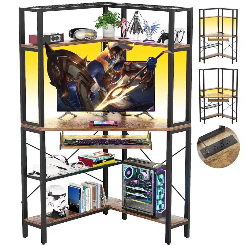Bureau d'angle informatique avec huche, Bureau de gamer avec tiroir clavier pour bureau à domicile