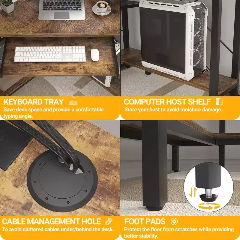 Bureau d'angle informatique avec huche, Bureau de gamer avec tiroir clavier pour bureau à domicile