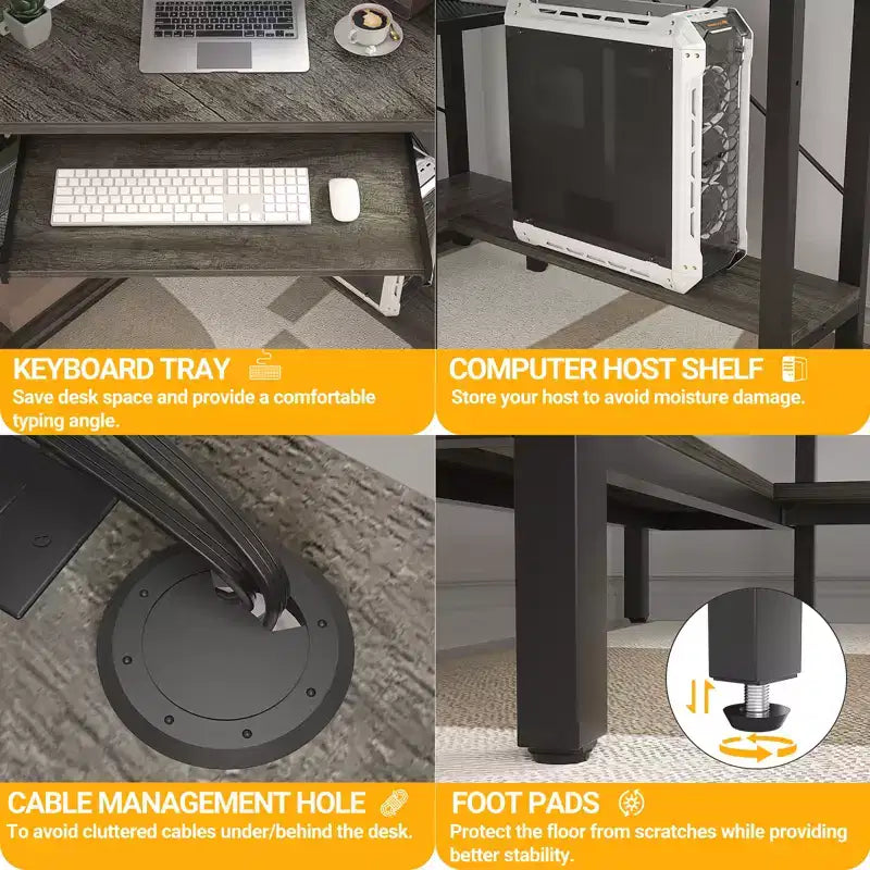 Bureau d'angle informatique avec huche, Bureau de gamer avec tiroir clavier pour bureau à domicile