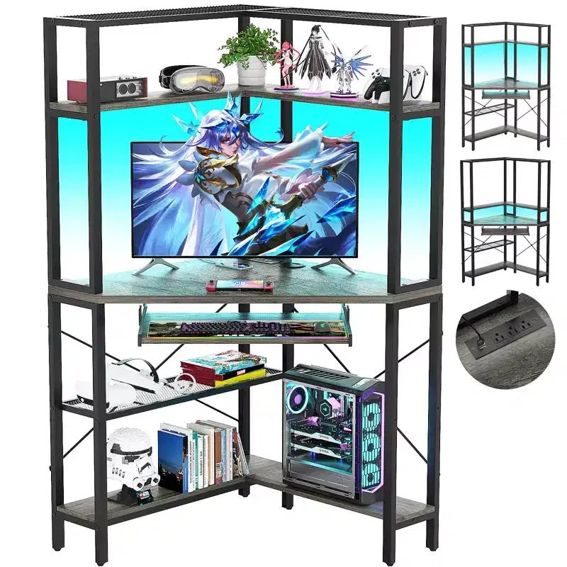Bureau d'angle informatique avec huche, Bureau de gamer avec tiroir clavier pour bureau à domicile