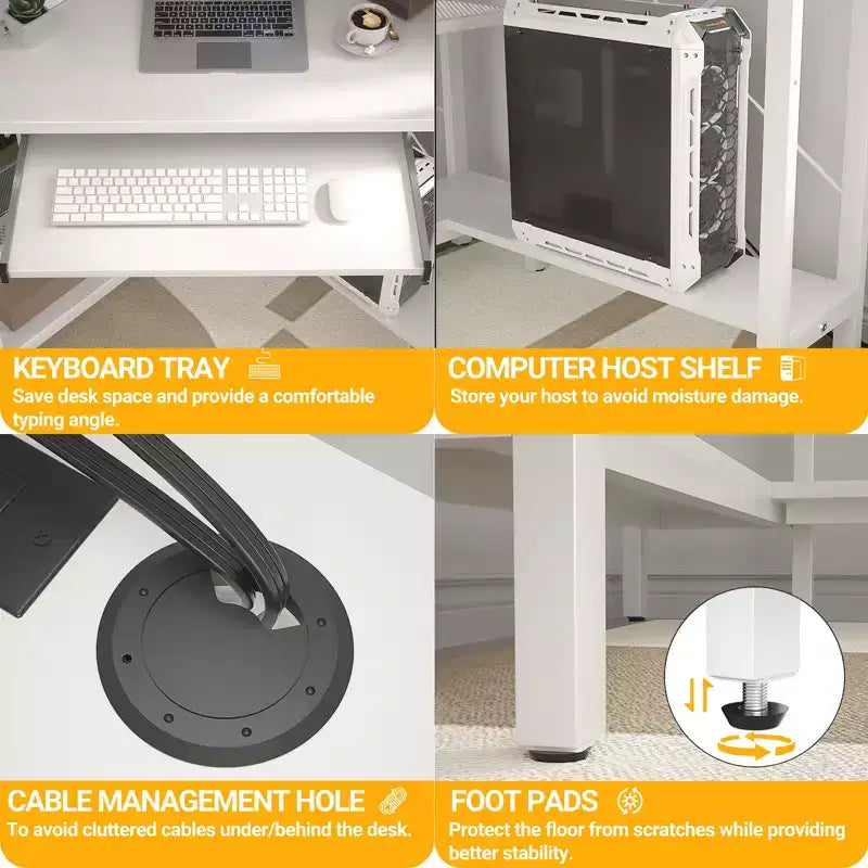Bureau d'angle informatique avec huche, Bureau de gamer avec tiroir clavier pour bureau à domicile