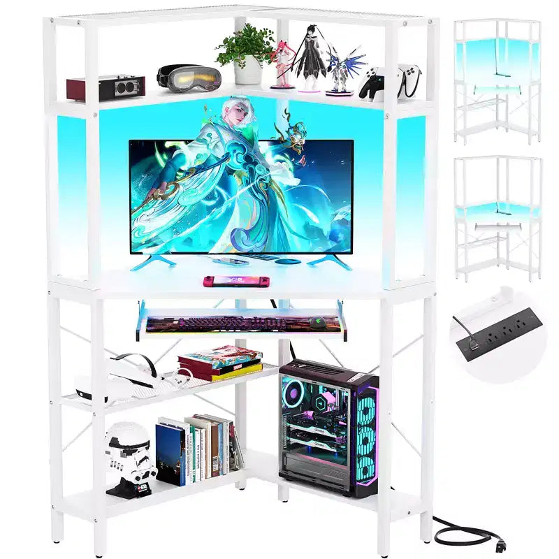 Bureau d'angle informatique avec huche, Bureau de gamer avec tiroir clavier pour bureau à domicile