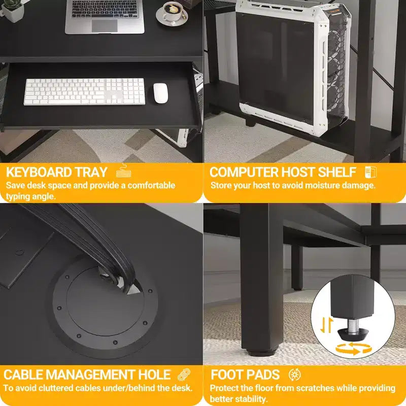Bureau d'angle informatique avec huche, Bureau de gamer avec tiroir clavier pour bureau à domicile