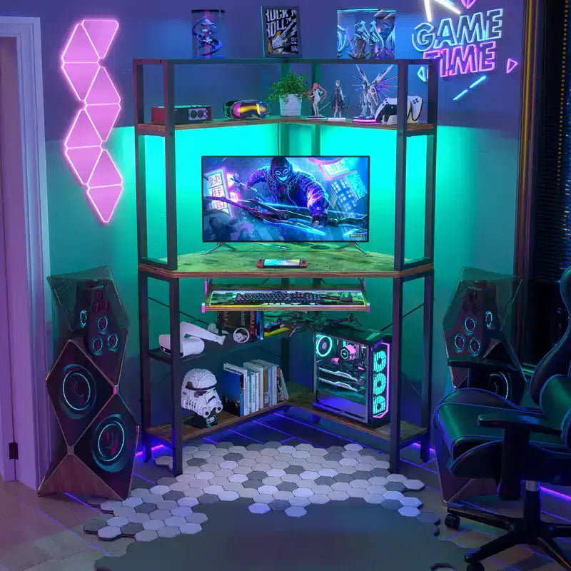 Bureau d'angle informatique avec huche, Bureau de gamer avec tiroir clavier pour bureau à domicile