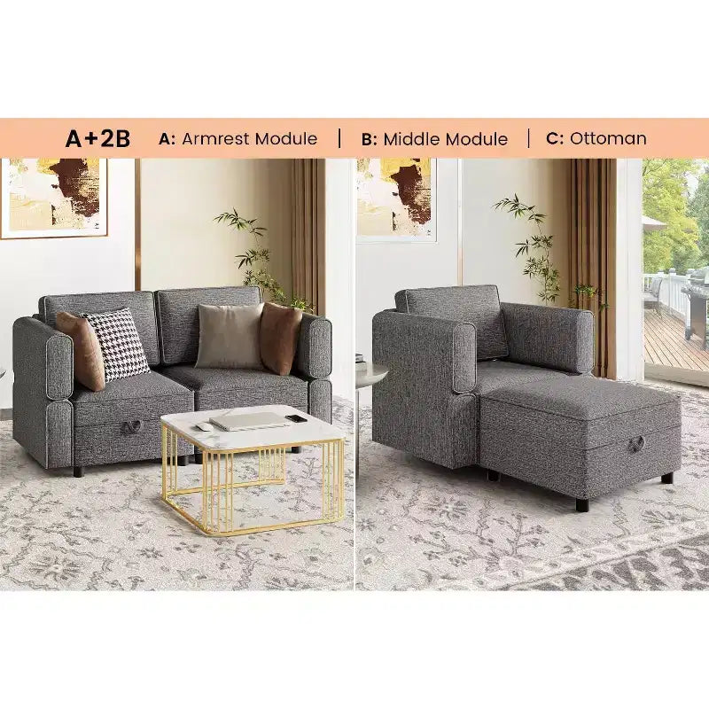 Canapé sectionnel modulaire 2 pièces, transformable en lit (largeur 52 po), raccords rapides sans outils, 136 kg/module, pouf inclus, velours côtelé, gris foncé