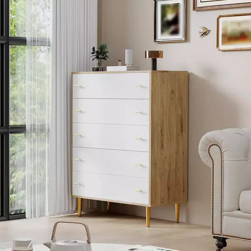 Commode à 5 tiroirs pour chambre à coucher, chiffonnier de 109 cm de haut avec poignées de barres, organisateur de rangement table de chevet