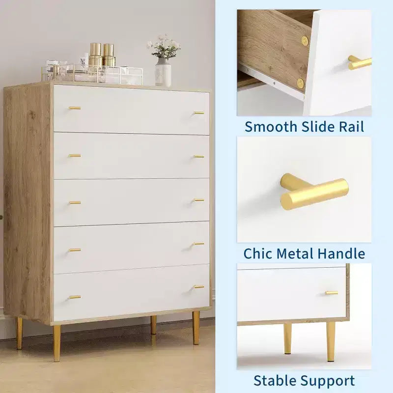 Commode à 5 tiroirs pour chambre à coucher, chiffonnier de 109 cm de haut avec poignées de barres, organisateur de rangement table de chevet