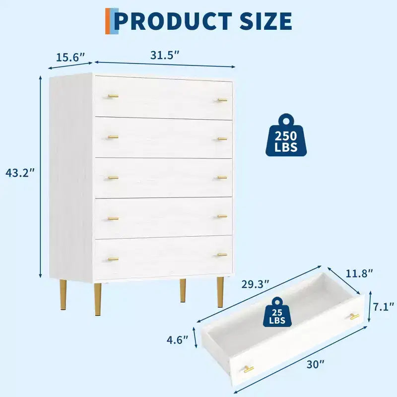 Commode à 5 tiroirs pour chambre à coucher, chiffonnier de 109 cm de haut avec poignées de barres, organisateur de rangement table de chevet