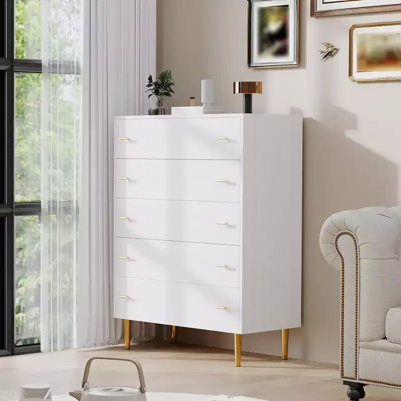 Commode à 5 tiroirs pour chambre à coucher, chiffonnier de 109 cm de haut avec poignées de barres, organisateur de rangement table de chevet