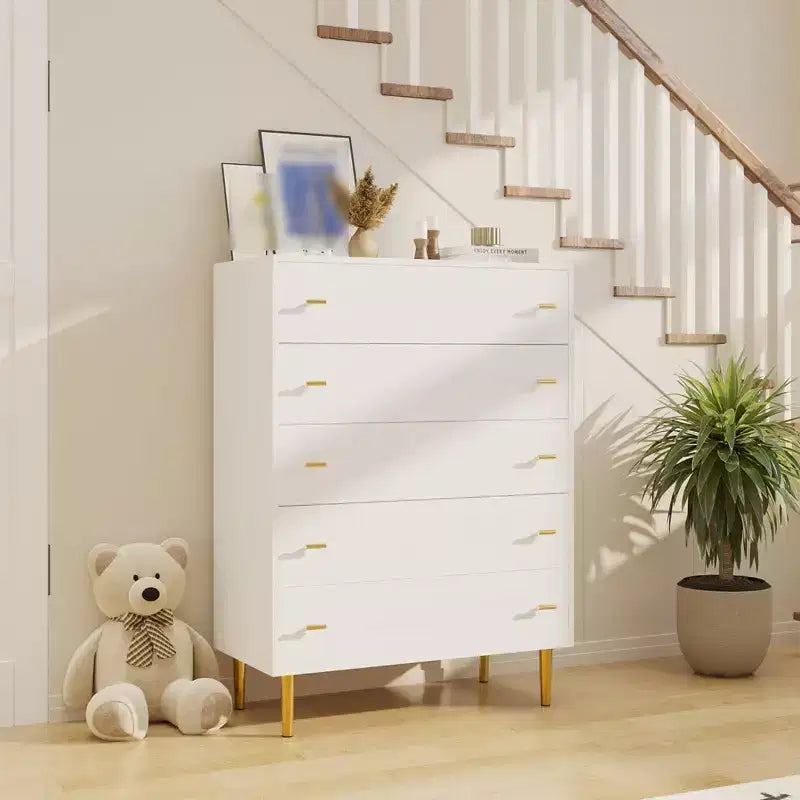 Commode à 5 tiroirs pour chambre à coucher, chiffonnier de 109 cm de haut avec poignées de barres, organisateur de rangement table de chevet