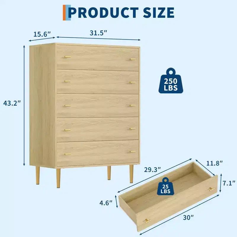 Commode à 5 tiroirs pour chambre à coucher, chiffonnier de 109 cm de haut avec poignées de barres, organisateur de rangement table de chevet