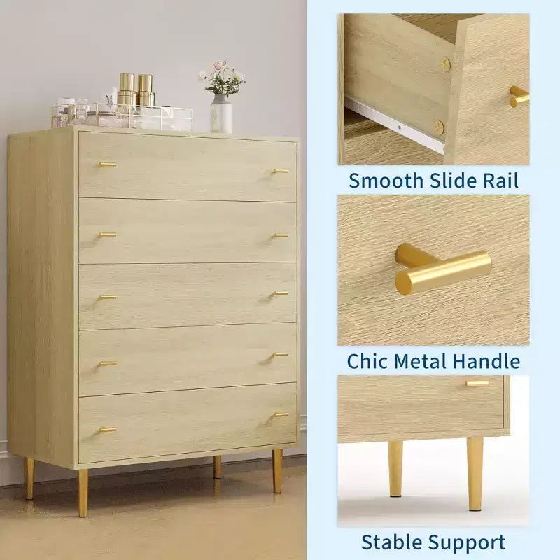 Commode à 5 tiroirs pour chambre à coucher, chiffonnier de 109 cm de haut avec poignées de barres, organisateur de rangement table de chevet