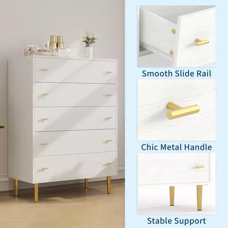 Commode à 5 tiroirs pour chambre à coucher, chiffonnier de 109 cm de haut avec poignées de barres, organisateur de rangement table de chevet