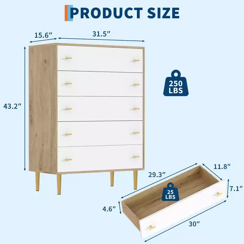 Commode à 5 tiroirs pour chambre à coucher, chiffonnier de 109 cm de haut avec poignées de barres, organisateur de rangement table de chevet