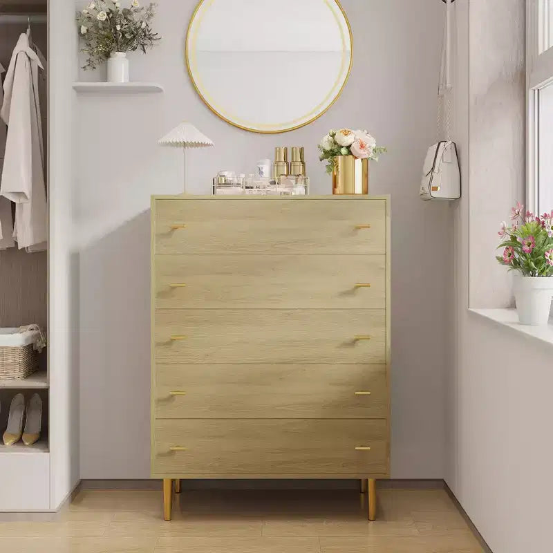 5 Drawer Dresser for Bedroom, 43''H Chest of Drawers with Bar Handles, Storage Dresser Organizer, Dresser Narrow Nightstand for Bedroom