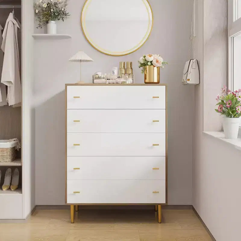 Commode à 5 tiroirs pour chambre à coucher, chiffonnier de 109 cm de haut avec poignées de barres, organisateur de rangement table de chevet