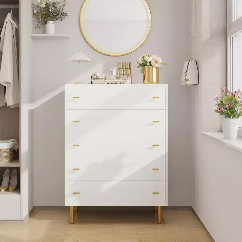 Commode à 5 tiroirs pour chambre à coucher, chiffonnier de 109 cm de haut avec poignées de barres, organisateur de rangement table de chevet