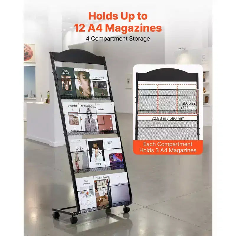 Présentoir à brochures, présentoir à magazines à 4 niveaux avec roulettes, porte-revues mobile sur pied, noir