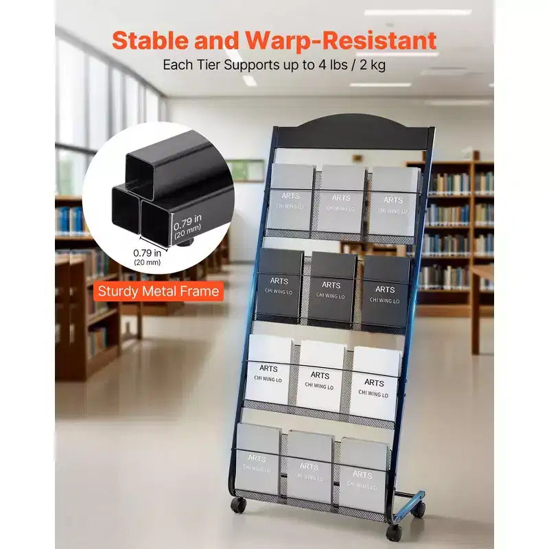 Présentoir à brochures, présentoir à magazines à 4 niveaux avec roulettes, porte-revues mobile sur pied, noir