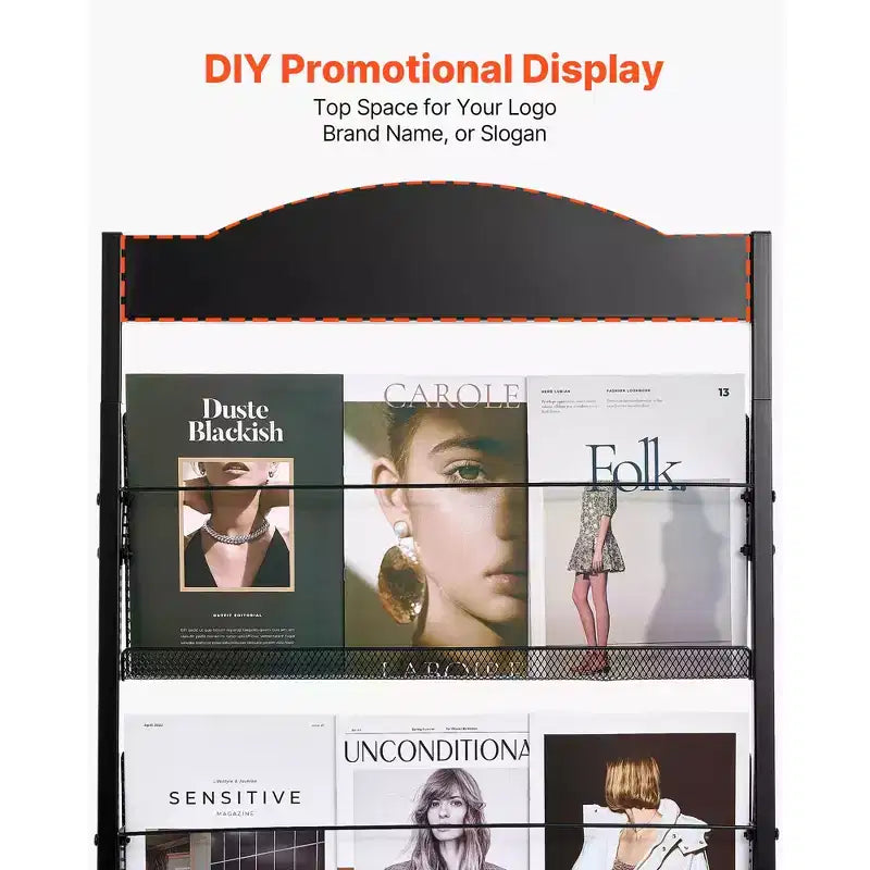 Présentoir à brochures, présentoir à magazines à 4 niveaux avec roulettes, porte-revues mobile sur pied, noir