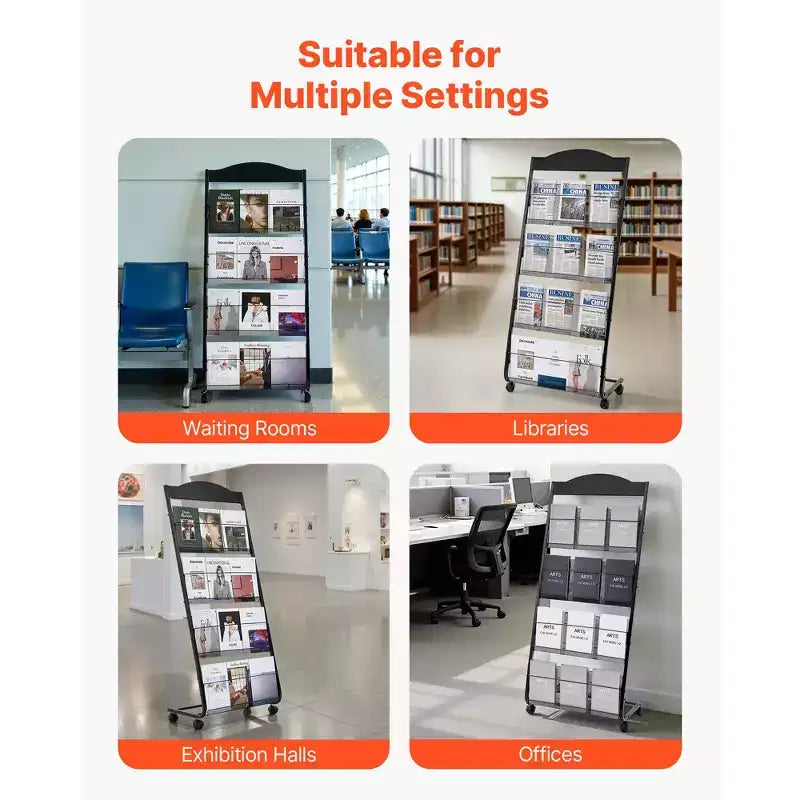 Présentoir à brochures, présentoir à magazines à 4 niveaux avec roulettes, porte-revues mobile sur pied, noir