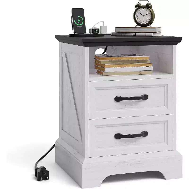 Acekool Farmhouse Rustic Nightstand with Charging Station, Modern Wood Bedside Table with 2 Drawers & Open Shelf, White Accent End Table