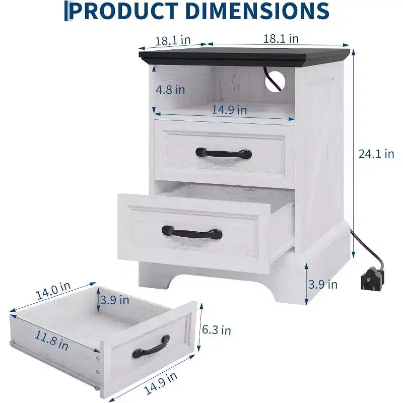 Table de chevet rustique de ferme avec station de recharge, table de chevet moderne en bois avec 2 tiroirs et étagère ouverte, table d'appoint blanche