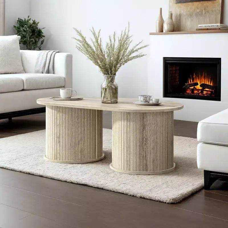 Table basse oblongue cannelée avec base ronde 39,2"L x 19,5"P x 14,9"H