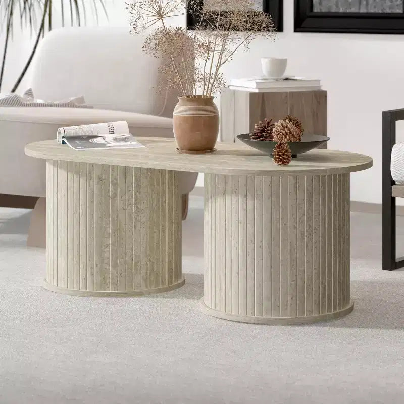 Table basse oblongue cannelée avec base ronde 39,2"L x 19,5"P x 14,9"H