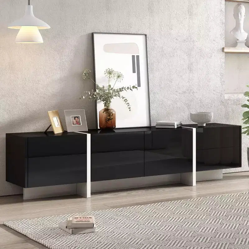 TUYOHW Modern TV Stand with High Gloss UV Surface for TVs up to 80 Inches,Entertainment Center with 3 Cabinets and 2 Drawers,Black