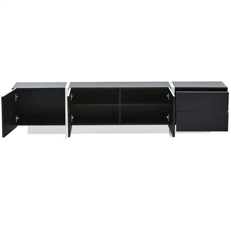 Meuble TV moderne avec surface UV ultra-brillante pour téléviseurs jusqu'à 80 pouces, centre de divertissement avec 3 armoires et 2 tiroirs, noir