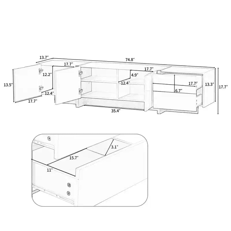 Meuble TV moderne avec surface UV ultra-brillante pour téléviseurs jusqu'à 80 pouces, centre de divertissement avec 3 armoires et 2 tiroirs, noir