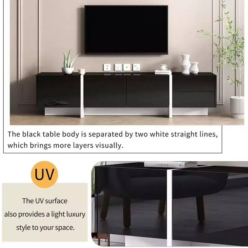 Meuble TV moderne avec surface UV ultra-brillante pour téléviseurs jusqu'à 80 pouces, centre de divertissement avec 3 armoires et 2 tiroirs, noir
