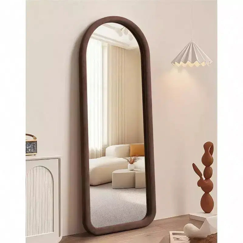 Arched Full Length Mirror with Plush Frame in Dark Brown. Freestanding, Ideal for Leaning or Hanging as Soft Decor