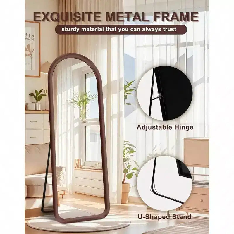 Miroir plein pied arqué avec cadre en peluche marron foncé, autoportant ou mural