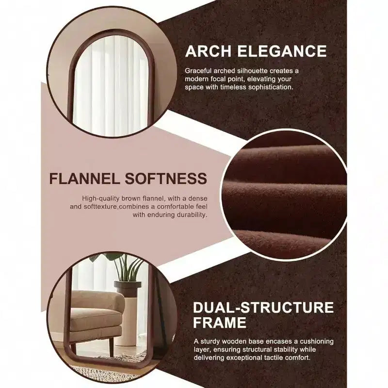 Miroir plein pied arqué avec cadre en peluche marron foncé, autoportant ou mural