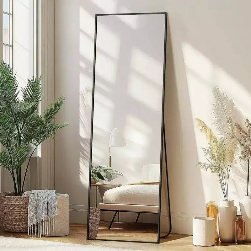 56x15 Black Full Length Mirror - Aluminum Frame & Stand. For Wall, Door, Bedroom, Bathroom, or Living Room