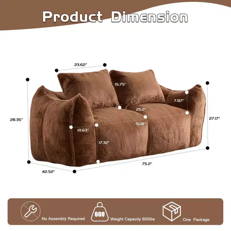 Pouf Géant avec 2 Coussins, Chaise Longue au Sol en Mousse à Mémoire de Forme