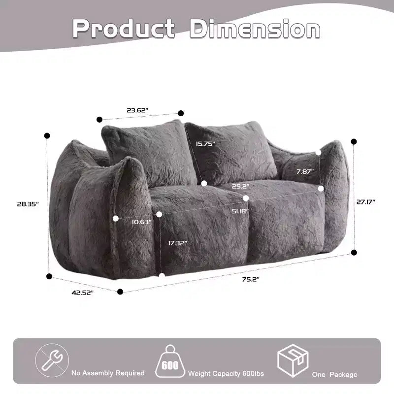 Pouf Géant avec 2 Coussins, Chaise Longue au Sol en Mousse à Mémoire de Forme