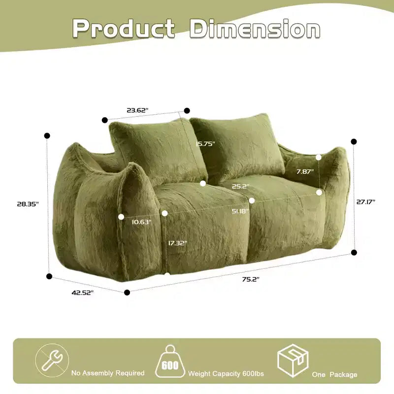 Pouf Géant avec 2 Coussins, Chaise Longue au Sol en Mousse à Mémoire de Forme