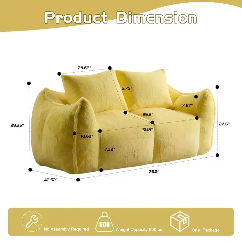 Pouf Géant avec 2 Coussins, Chaise Longue au Sol en Mousse à Mémoire de Forme