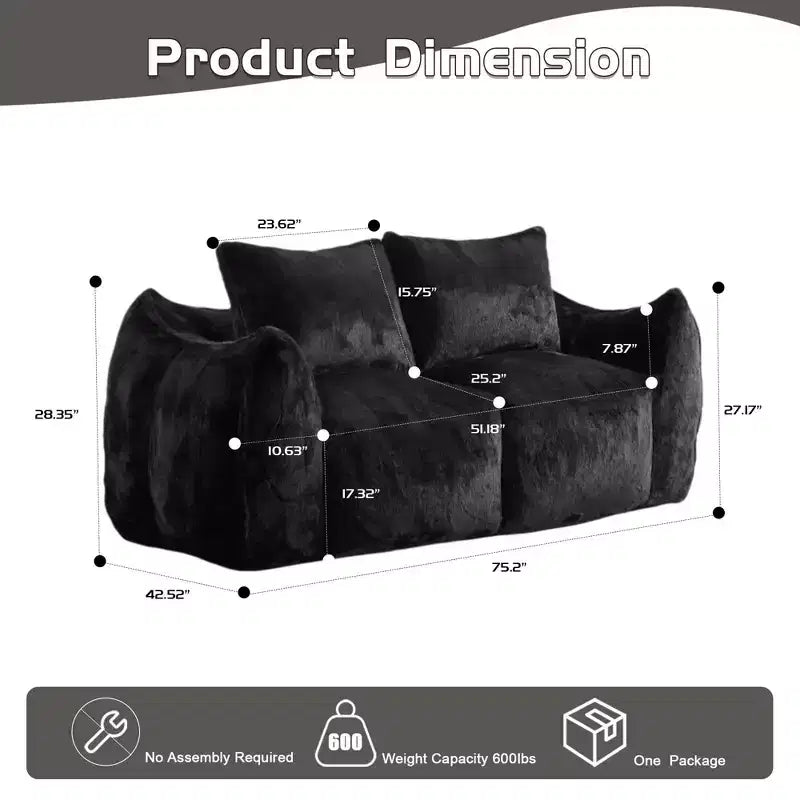 Pouf Géant avec 2 Coussins, Chaise Longue au Sol en Mousse à Mémoire de Forme