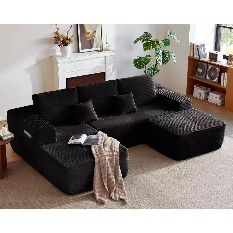 104Cloud Sectional Sofa,U-Shaped Chaise,Deep Seat,Side Pockets,Plush Fabric,No Assembly,Black,Left Facing
