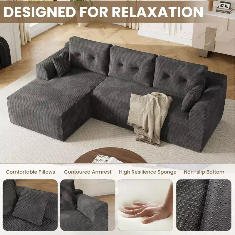 Canapé sectionnel modulaire de 267 cm avec assise profonde, canapé sectionnel Cloud avec méridienne surdimensionnée, canapé-lit sans assemblage requis pour salon et chambre