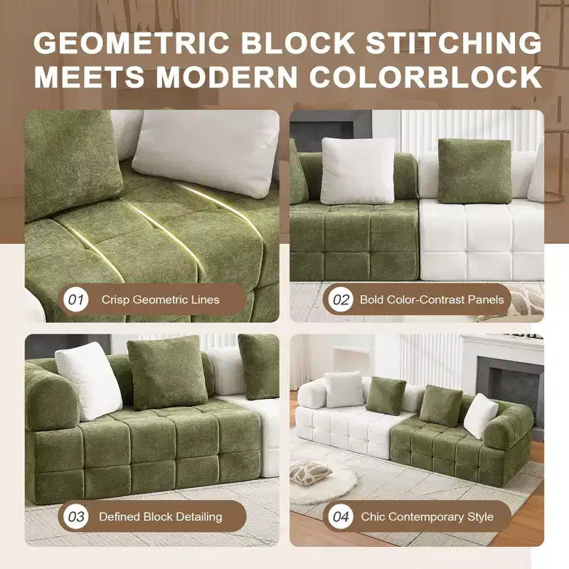 Canapé modulable 4 places en chenille avec accoudoirs incurvés, color block, largeur 279,98 cm
